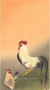 日本 Painting - 日の出の雄鶏と雌鶏 大原古邨
